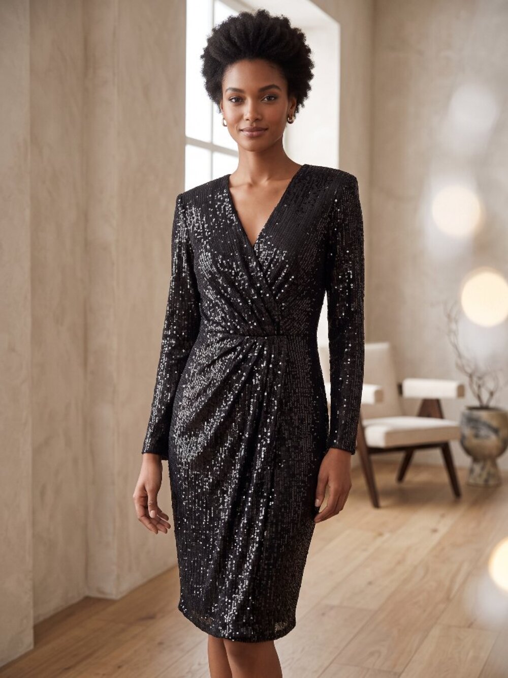 White House Black Market Black Sequin Faux Wrap Long Sleeve Dress 10